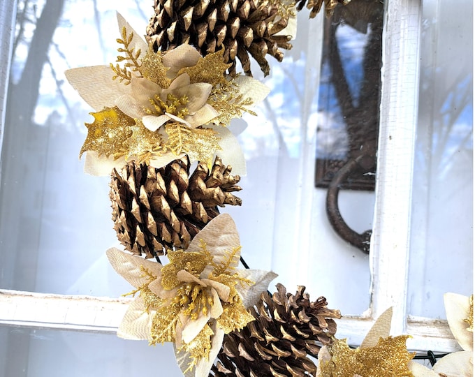 18K Hand Gilded Pinecone Wreath Glitter Poinsettias 18" OOAK USA
