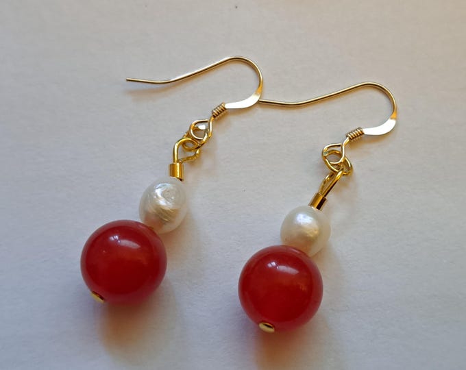 Carnelian Gemstone and Natural Pearl Earrings 14KGF