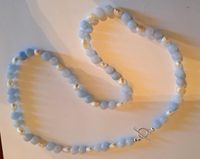 Natural Aquamarine and Natural Pearl Beaded Necklace Sterling Toggle Clasp 24"