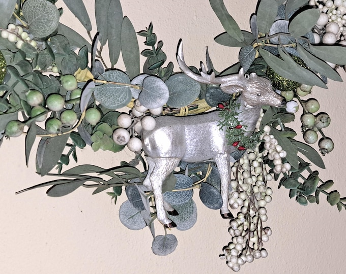 Vintage Mercury Glass Reindeer Christmas Wreath Eucalyptus 22 Inch