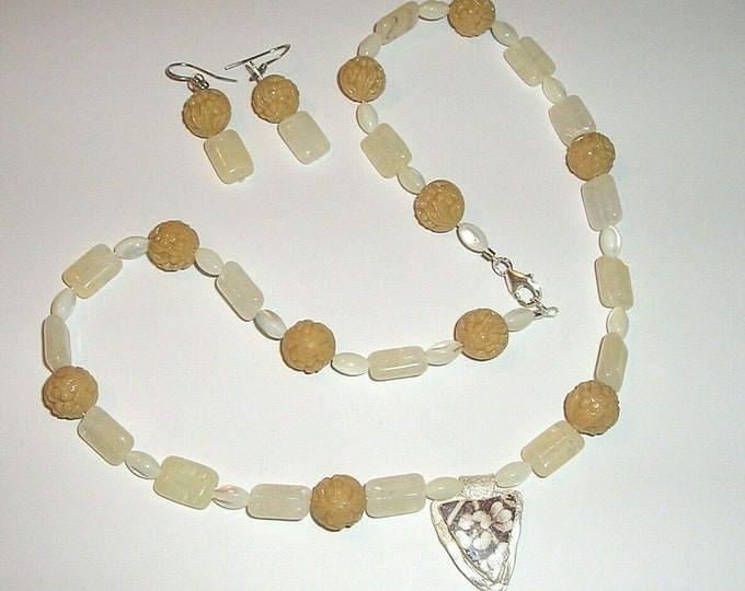 Boho Beige Flowers Vintage Glass Antique China MOP Fine Silver Set USA