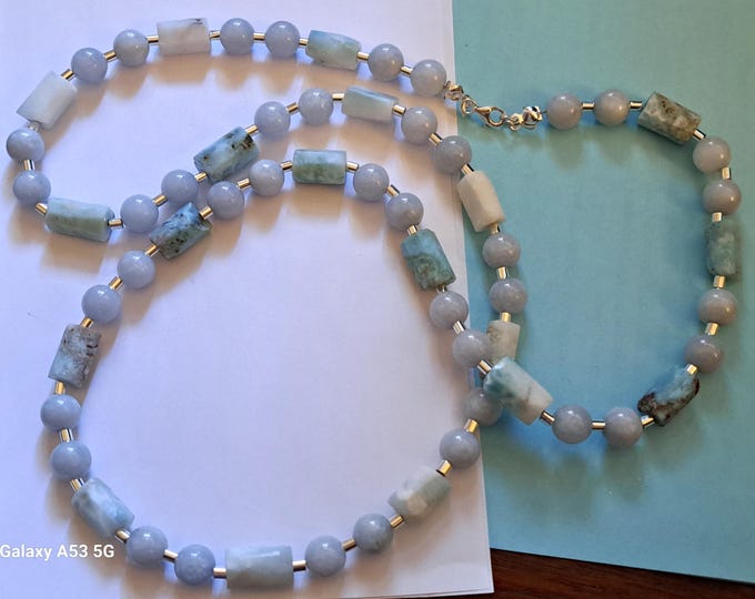Larimar, Aquamarine and Sterling Beaded Necklace 30" Artisan