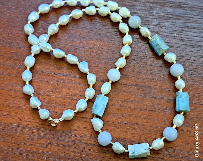 Larimar Aquamarine Pearls Natural Gemstone 14K Gold Filled 22 in Necklace