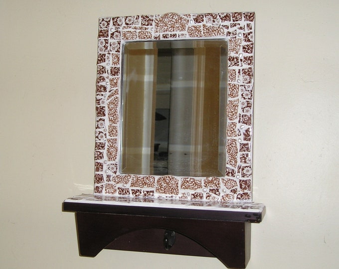 Mosaic Mahogany Shelf Mirror Beveled Glass Vintage Brown Floral
