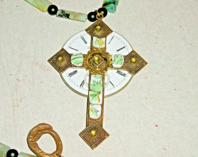 Cross & Gryphon Pendant Necklace Peridot Chrysocolla Quartz Onyx Symbolic Artisan OOAK