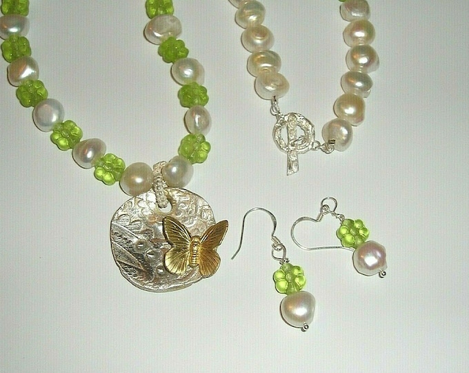 Pearl Pendant Necklace Earrings Set Unique Artisan 999 Silver Butterfly USA
