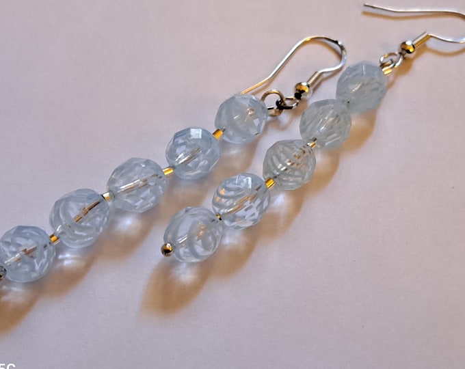 Aqua Faceted Art Glass & Sterling Silver Beaded Drop Earrings