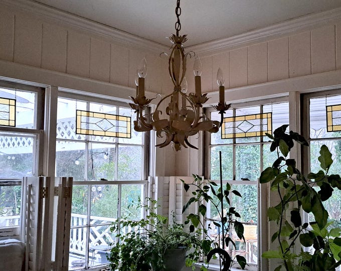 Set of 4 Yellow Stained Glass Transom Windows Vintage with Hanging Hardware BO