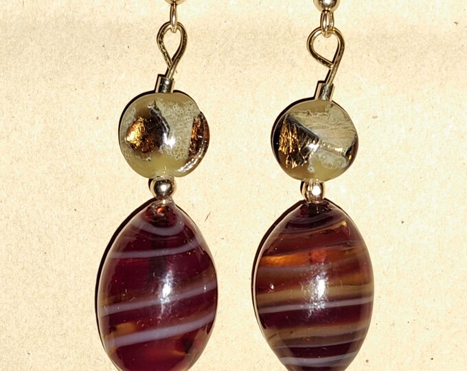 Antique Vintage Italian Art Glass and Gold Foil Beaded Drop Earrings 14K Gold