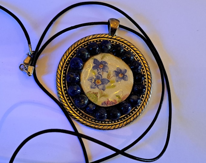 Lapis Lazuli Porcelain Flowers Leather Cord Necklace 30" Sterling Clasp Artisan OOAK USA