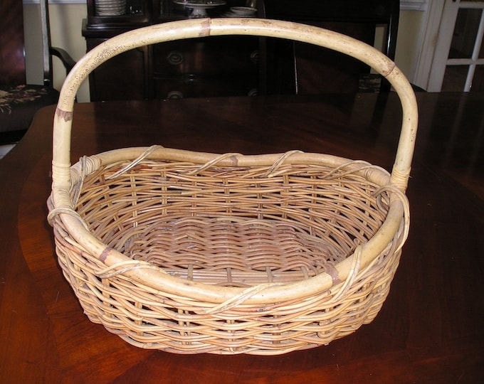Very Large Antique Vintage Willow Gathering Basket Wood Handle & Rim Massive