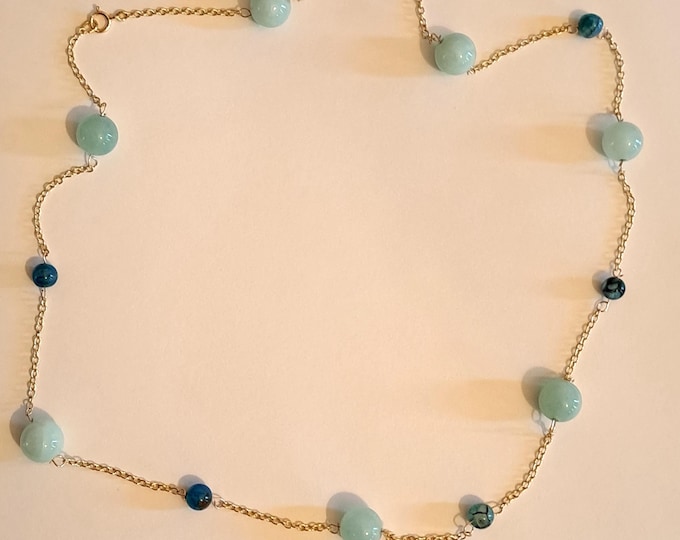 Angelite and Blue Dragon Vein Gemstone Necklace 14KGF Delicate Fine 20"
