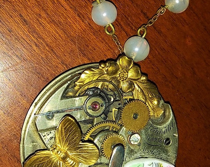 Antique Watch Necklace Steampunk Two-Sided Mixed Metal Mover Jeweled Hand Made USA