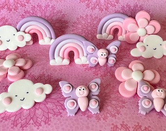 24 fondant fairy inspired toppers. Rainbow, clouds, butterflies and flowers.