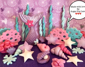 Fondant mermaid tail and shells cake toppers. Cute xx