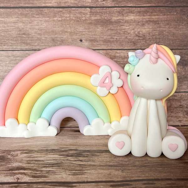 Fondant 3d Unicorn and Rainbow cake toppers. Girls birthday party. Pastel colours xx