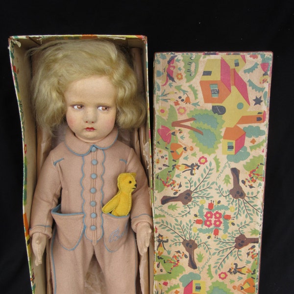 Lenci Doll Vintage, 17 1/2 inch Italian Felt Lenci Doll, Lenci Baby with Teddy Bear in Original Box, Lenci Series 300/14, Scavini Lenci