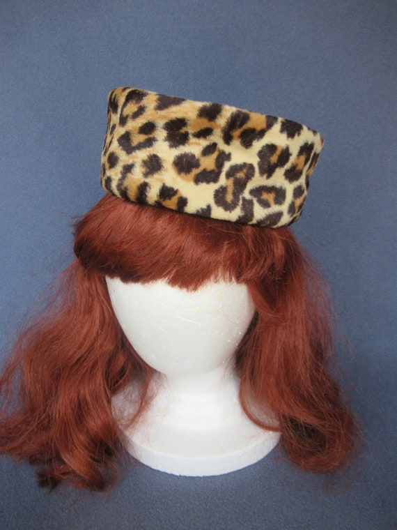Vintage Faux Leopard Fur Pillbox Hat, Printed Leop