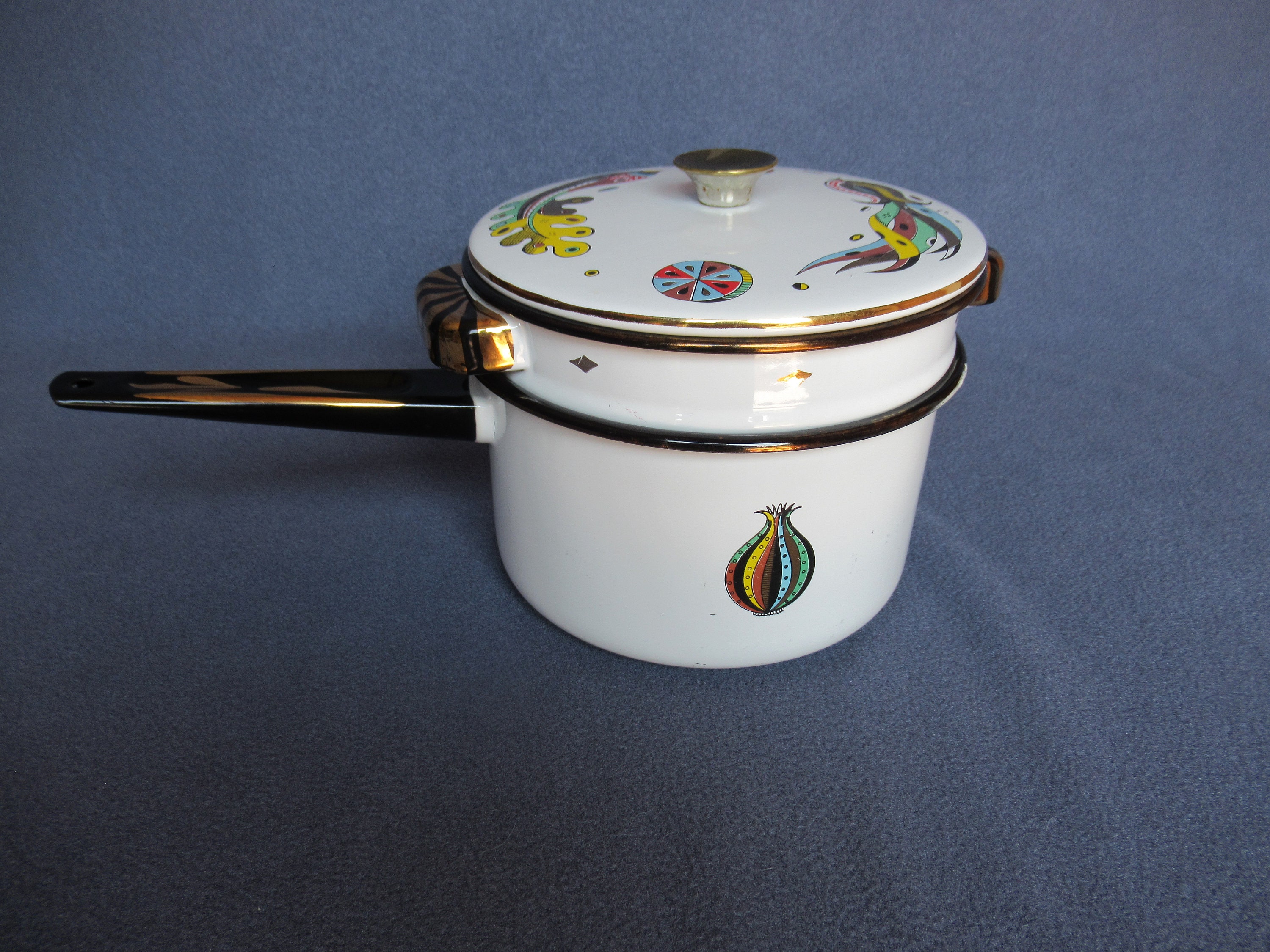 Vintage Enamel Double Boiler in Green Garden Pattern by Etsy