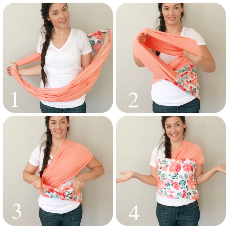 May include: A step-by-step guide on how to tie a stretchy wrap carrier. The carrier is a peach color with a floral pattern. The steps are numbered 1 through 4.