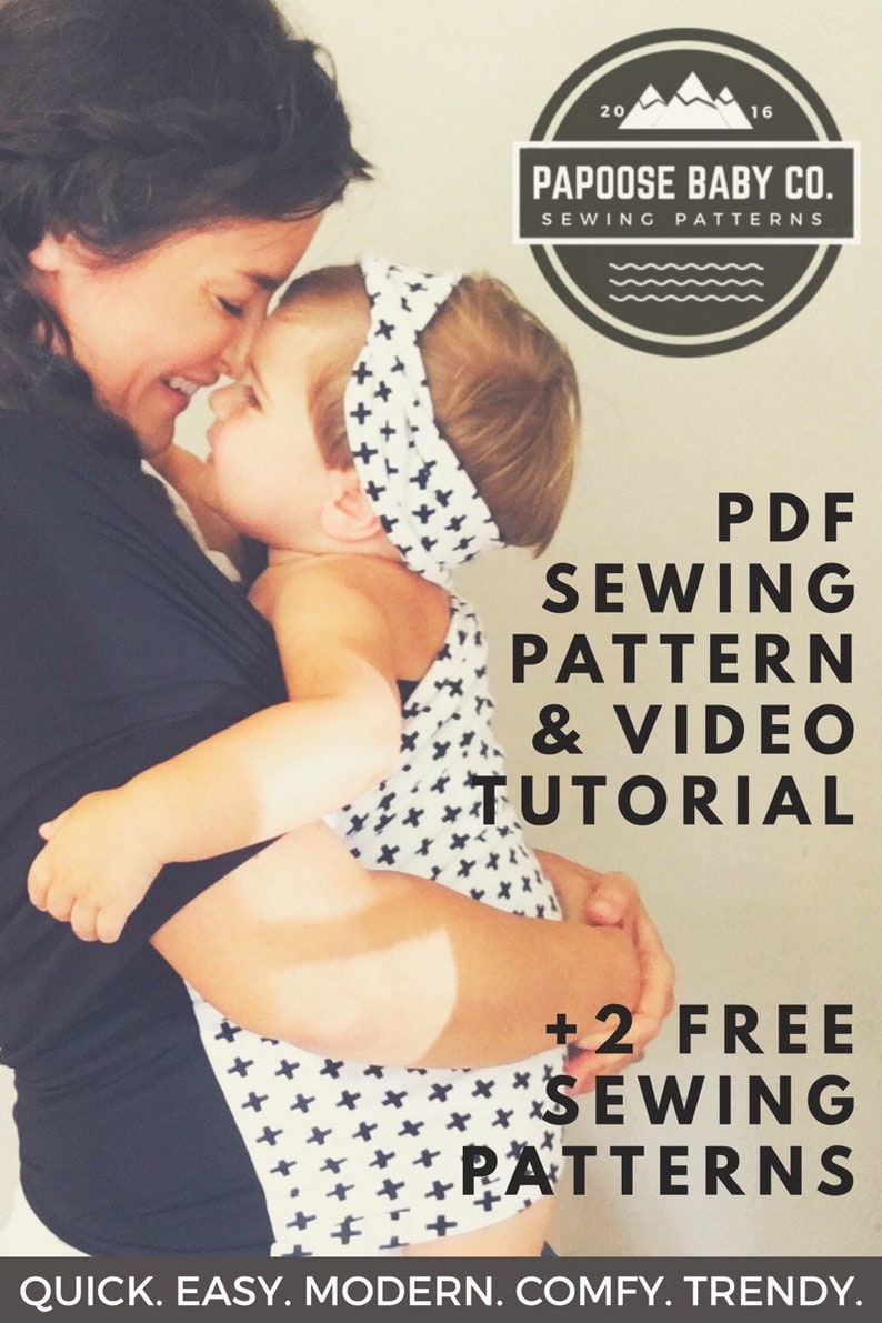 May include: A mother and child are hugging. The child is wearing a black and white patterned headband and a black and white patterned top. The text on the image reads "PDF Sewing Pattern & Video Tutorial +2 Free Sewing Patterns. Quick. Easy. Modern. Comfy. Trendy."