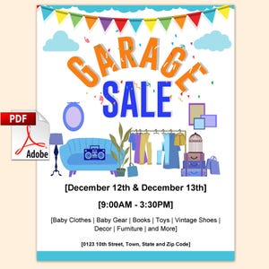 Póster digital de venta de garaje donde puedes personalizar el mes, la fecha, la dirección y los artículos para vender. Imprime en casa o donde quieras. Tamaño carta.