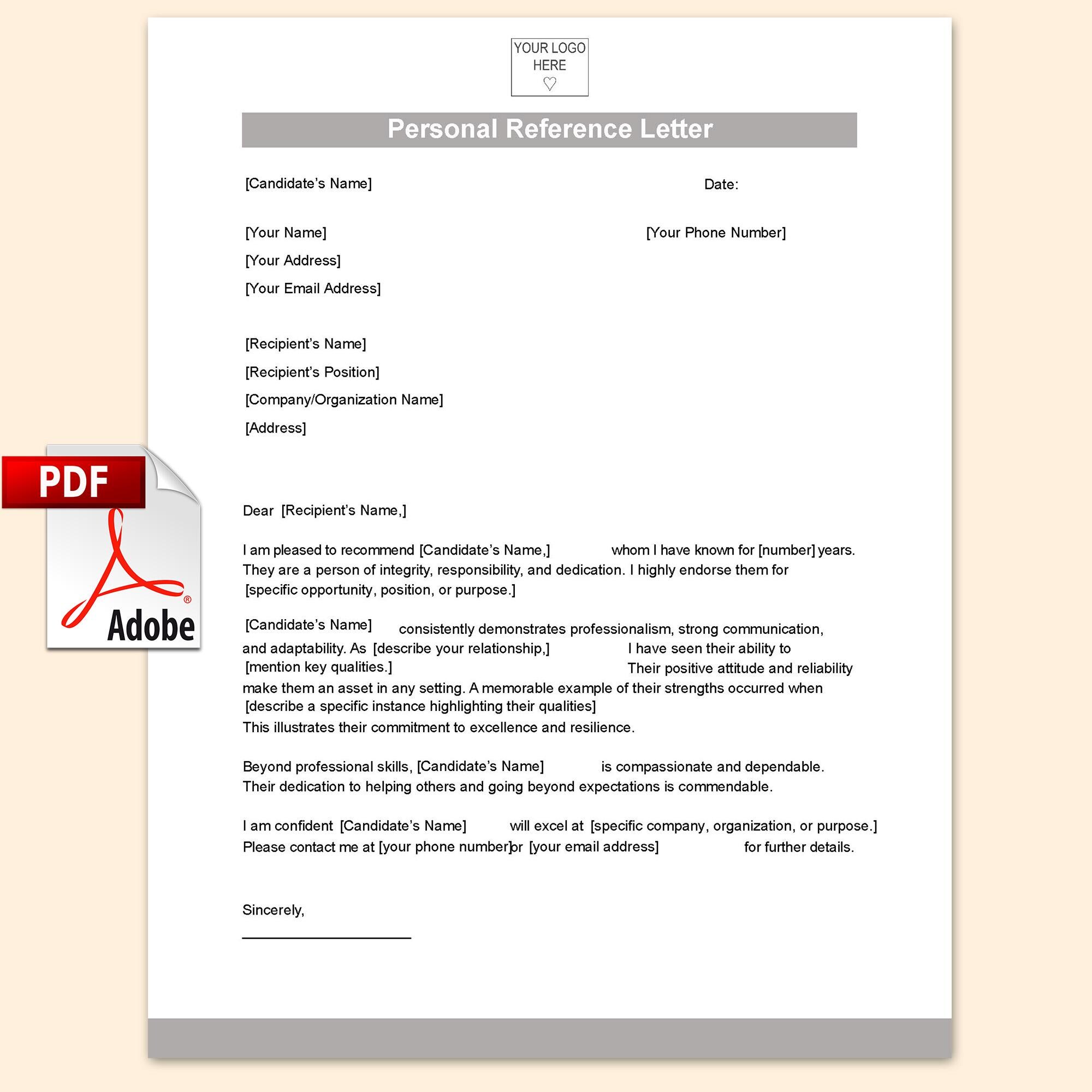 5 Personal Reference Letter Templates PDF Acrobat Document, Digital ...