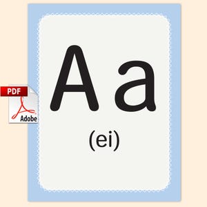 Puede incluir: Una tarjeta didáctica con un borde azul claro y un interior blanco. La letra mayúscula y minúscula "A" se muestran en negrita negra. Debajo de las letras, la pronunciación "(ei)" está escrita entre paréntesis.