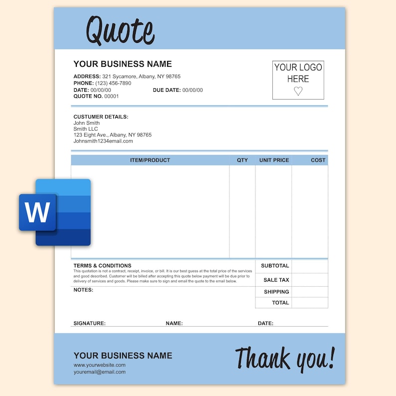 Quote Template Word Document, Business Quote , Custom Quote, Printable