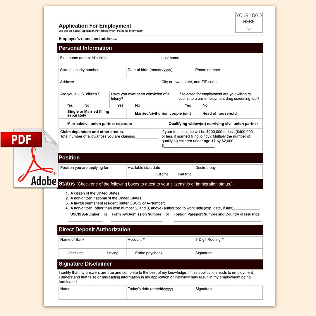 Employment Application Template PDF Document, Small Business, Custom ...