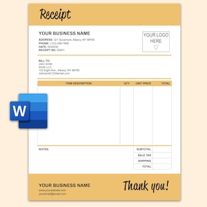 Receipts template Word document, business receipt, custom receipt, printable receipt, receipt form, editable receipt Word document.