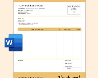 May include: A yellow and white receipt template with the text "Receipt" at the top. The template includes fields for business name, address, phone number, date, receipt number, bill to, item description, quantity, unit price, total, subtotal, sale tax, shipping, and total. The template also includes a space for notes and a thank you message.