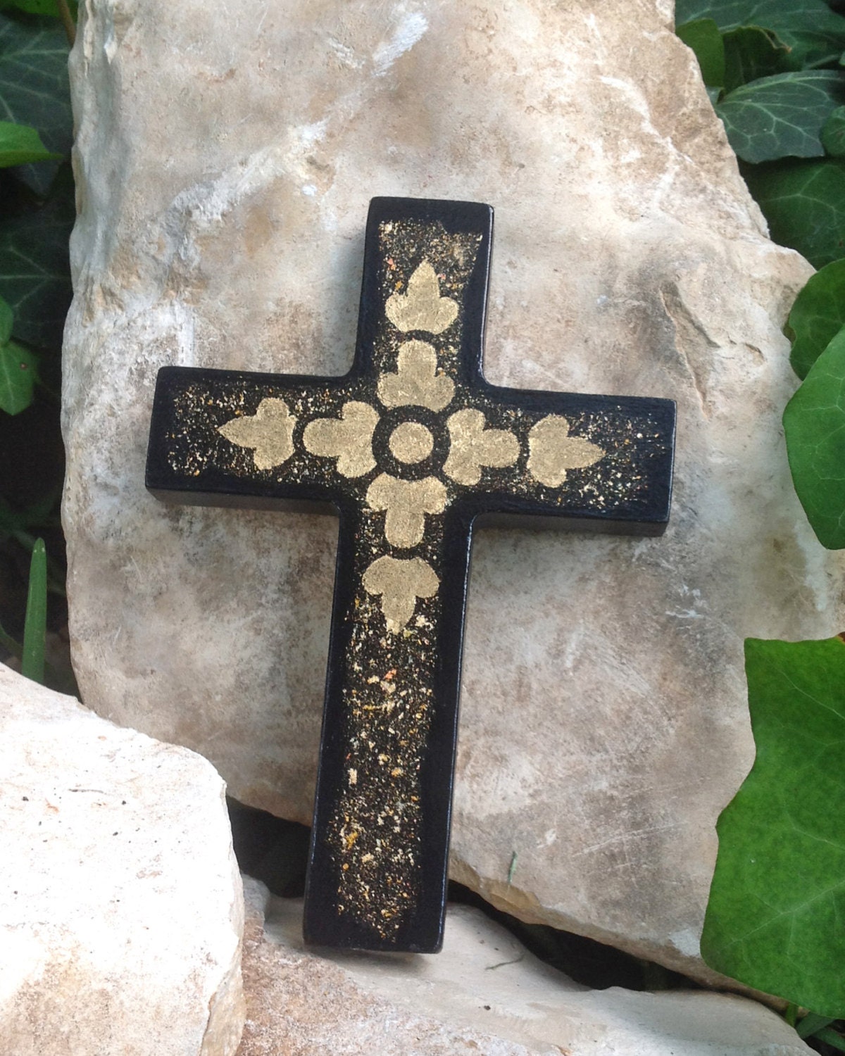 Decorative black wall cross with gold leaf Elegant wall Etsy