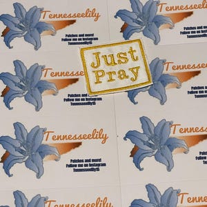 May include: A sheet of stickers featuring a blue flower design and the text "Tennesseelily". A square patch with the words "Just Pray" in gold lettering is also visible. The stickers are white with a light brown and orange accent.