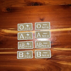 May include: Eight brown fabric patches with white text and symbols. The patches show the different blood types: O+, O-, A+, A-, AB+, AB-, B+, B-.