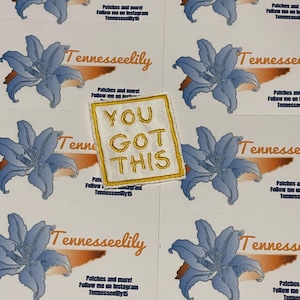 May include: A sheet of stickers featuring a blue lily design and the text "Tennesseelily." One sticker has a patch with the words "YOU GOT THIS" embroidered in gold.