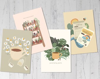 Lot de 4 cartes postales avec enveloppes blanches Carte postale Plant Lovers Cartes postales botaniques Powered by Plants