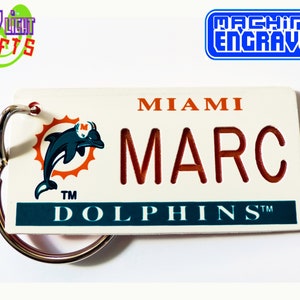 Personalized Miami Dolphins Keychain Plate Tag - Vintage Keytag - Machine Engraved - Fan Name Souvenir - Coach Gift - Licensed NFL Key Ring