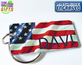 Custom USA  Keychain Tag - American National Flag - Name Souvenir - Personalized USA Key Ring - Made in USA
