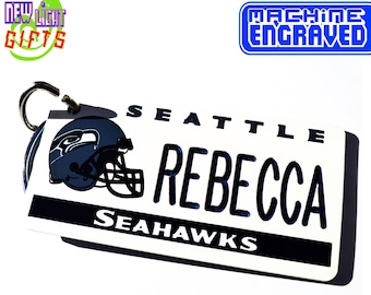 Personalized Seattle Seahawks Keychain Plate Tag - Vintage Keytag - Machine Engraved - Fan Name Souvenir - Coach Gift- Licensed NFL Key Ring