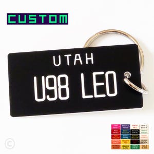 Custom Utah Black License Plate Key Tag + Colors - Personalized Engraved - Key Ring - Bag Tag - Keys Label - Memento Travel Souvenir Gift
