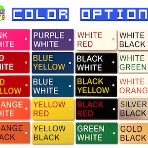 May include: A color chart titled COLOR OPTIONS by New Light Gifts displaying twenty rectangular tags with various two-tone color combinations. Each tag features a primary background color and a secondary text color, including pink, purple, red, blue, black, white, orange, yellow, green, silver, and gold.