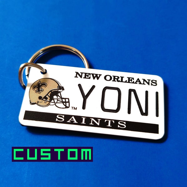 Personalized Saints Keychain - Custom Engraved Key Tag - New Orleans Football Fan Name Tags - Coach Team Gifts - Licensed NFL Key Ring Fob