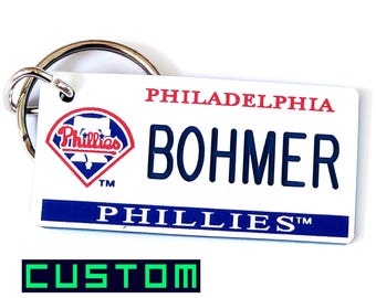 Personalized Philadelphia Phillies Keychain / Baseball Bag Tag : Engraved MLB Key Ring