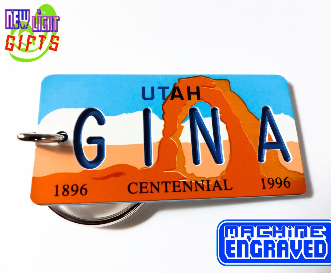 Personalized Utah License Plate Keychain Tag Centennial Arches Vintage Machine Engraved vacation