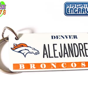Personalized Denver Broncos Keychain Plate Tag - Vintage Keytag - Cutom Machine Engraved - Fan Souvenir - Coach Gift - Licensed NFL Key Ring
