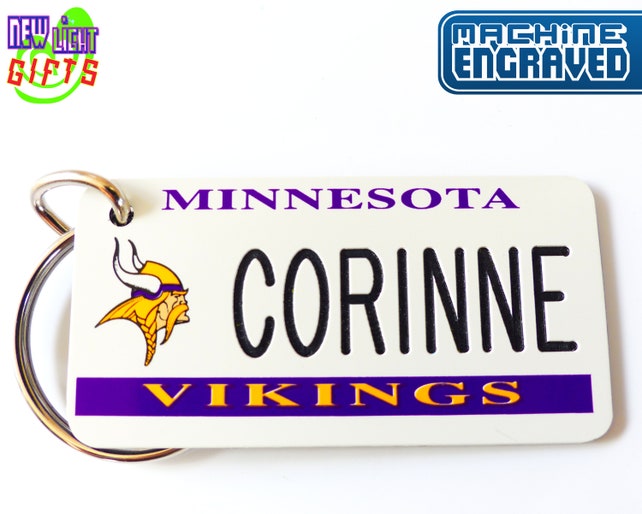 Personalized Minnesota Vikings Keychain Plate Tag- Vintage Keytag - Machine Engraved - Fan Souvenir - Coach Gift - Licensed NFL Key Ring