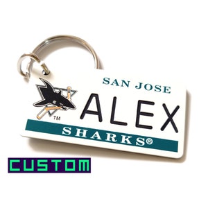 Personalized San Jose Sharks Keychain - Engraved key Tag - Fan Souvenir Coach Gift - Hockey Bag Tag - Name Tag Fob - Licensed NHL Key Ring