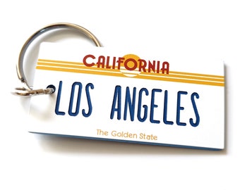 Los Angeles Souvenir Keychain Tag - 1980s Retro - Vintage Los Angeles Travel Vacation Trip Momento- LA Small License Plate Key Ring Fob Gift