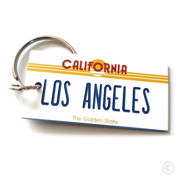 Los Angeles Souvenir Keychain Tag - 1980s Retro - Vintage Los Angeles Travel Vacation Trip Momento- LA Small License Plate Key Ring Fob Gift